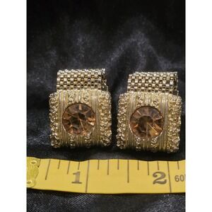 Vintage Swank Wrap Around Mesh Cufflinks  Square Amber Rhinestone